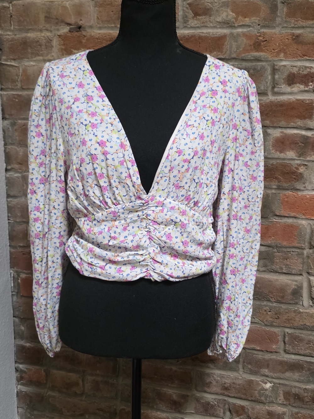 Almost Famous White Floral Ruched V-Neck Blouse with Pink & Blue Accents